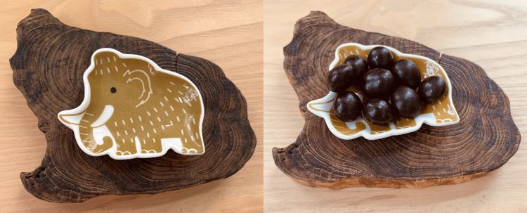 collage of two photos of a small dish with a brown mammoth/mastodon printed on it. Left shows it empty, right shows it covered in round chocolates