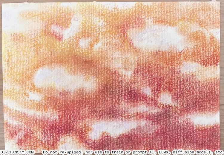 pastel illustration of white puffs on a yellow, orange, and pink background