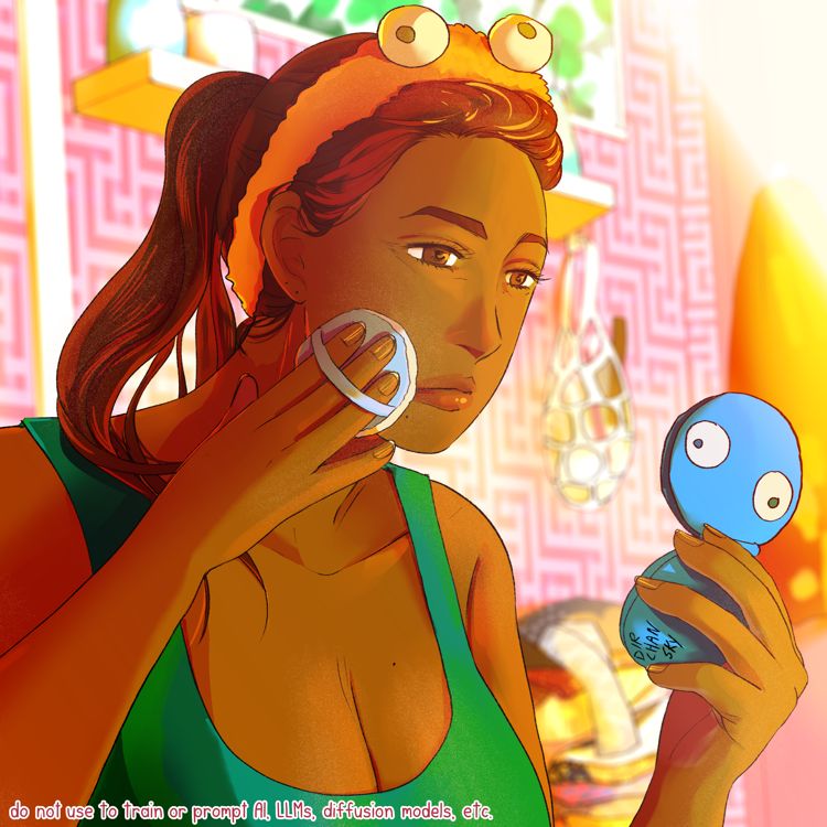 digital drawing of a woman applying powder to her face in a bathroom. She has a googly eye blue compact makeup case open in one hand and a googly eye orange headband and wears a green tank top. In the background is a pink/red patterned wall with floating shelf near a window that has textured privacy glass. From the shelf hangs a macrame bag filled with various items, floating above a pile of laundry.