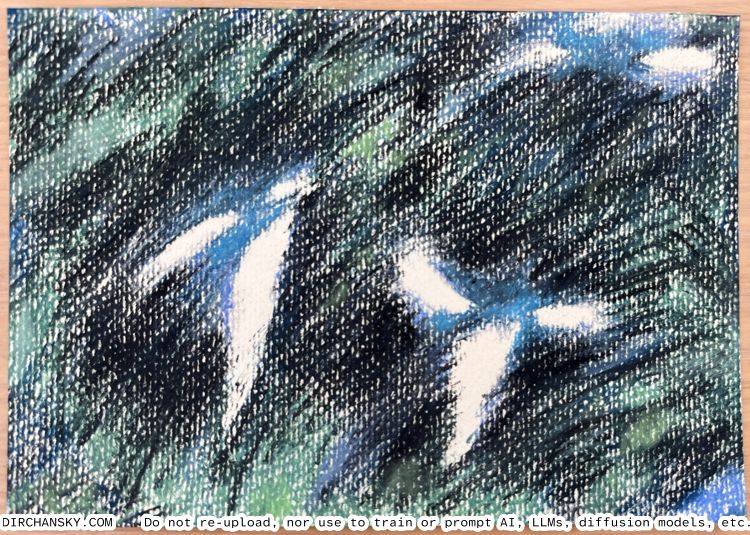 pastel drawing done with black, blue, and green tones