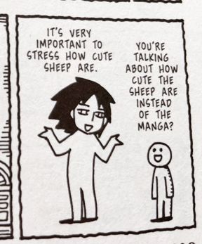 photo of a panel from Kaoru Mori's manga afterword, where she says "it's very important to stress how cute sheep are." while lifting her shoulders/arms
