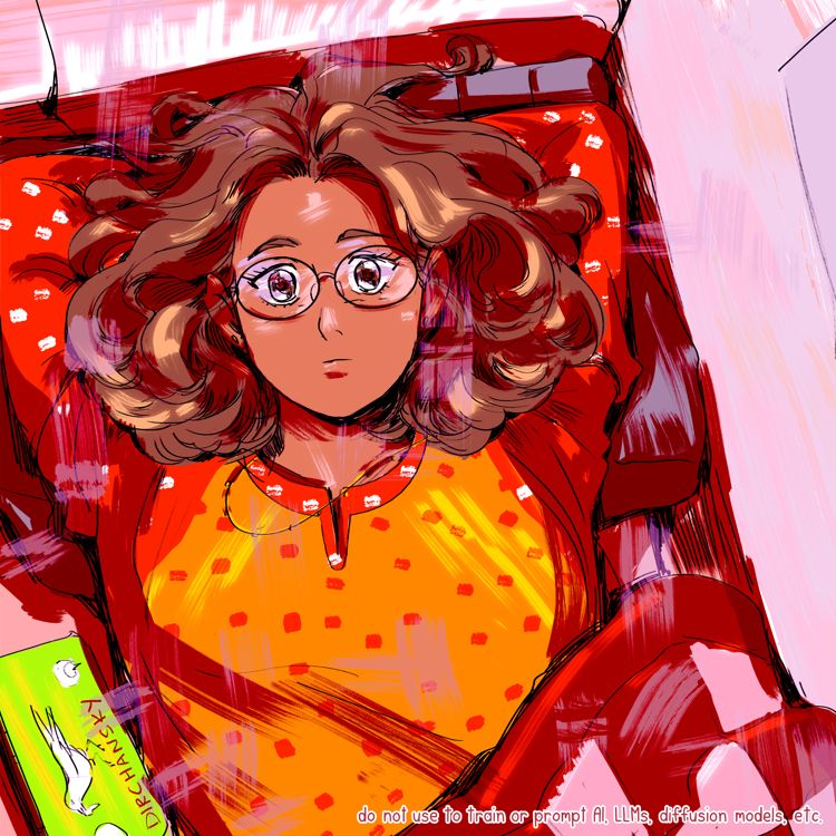 Digital drawing of a young woman with puffy brown hair laying down on a cozy surface. She has glasses on and a dot patterned top with a slit collar and raglan sleeves. Next to her is a neon green NDS with bird stickers on the cover.
