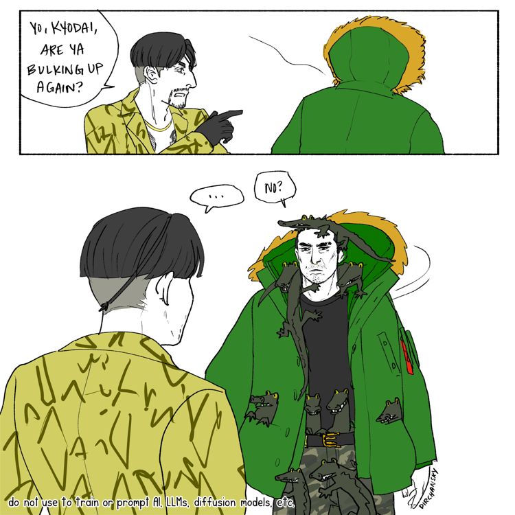 digital comic where Majima asks Saejima if Saejima is bulking up again. Saejima turns around and says 'No,' but he has a lot of baby gators crawling all over him, adding to the bulky appearance.