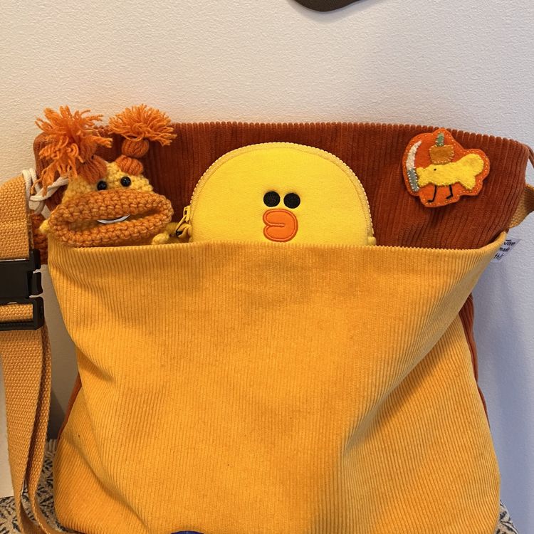 photo of corduroy bag with pin attached, next to a crochet creature and Sally zipper pouch. Everything is orange/yellow