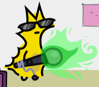 screenshot of werecreature fishlips wearing sunglasses and holding a flaming microphone