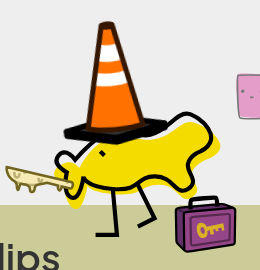 screenshot of fishlips wearing an orange/white stripe traffic cone on their head and holding a butter knife in their lips