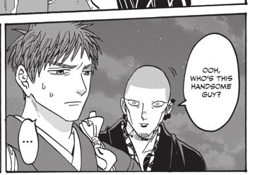 panel from Firefly Wedding, featuring an mercenary with many piercings saying 'Ooh, who's this handsome guy?' while staring at Kotaro