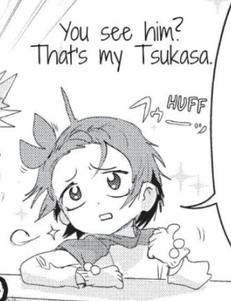 panel from Medalist featuring Inori with a know-it-all expression, accompanied by text that says 'You see him? That's my Tsukasa' while huffing and sparkling