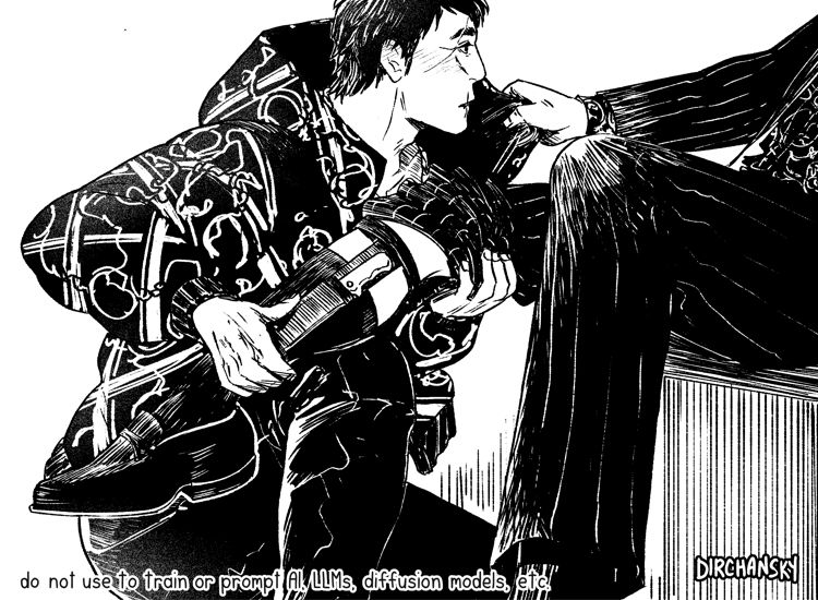digital black and white illustration of Shishido kneeled over and lifting Tsuruno's right pant let up to reveal a knife strapped to his calf. Tsuruno yanks at Shishido's coat collar...