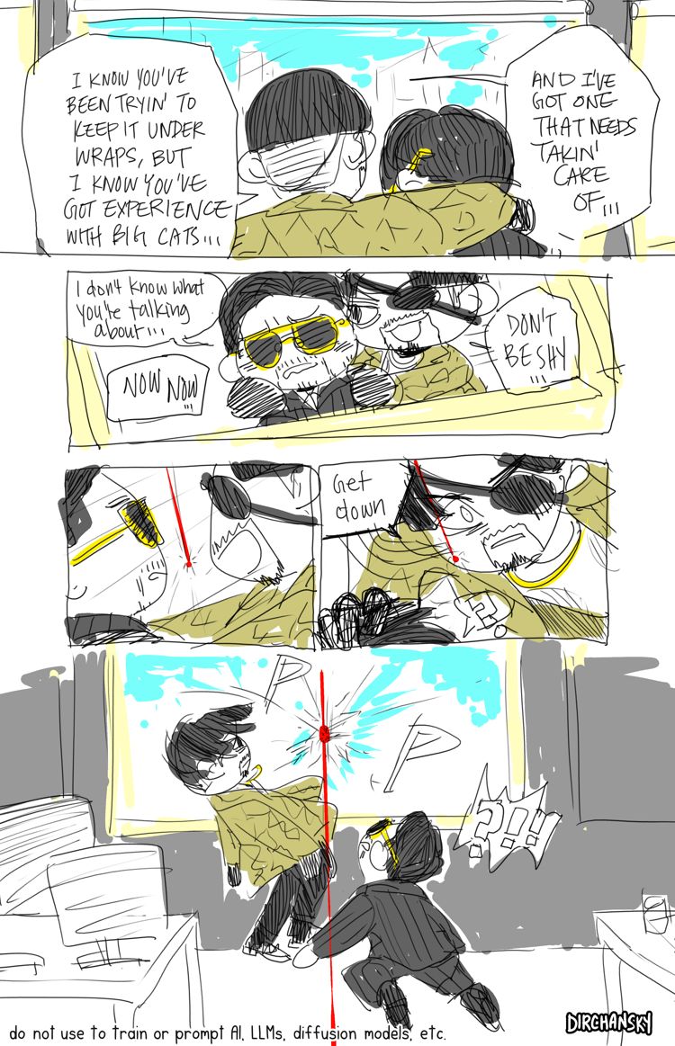 Majima wraps his arm around Tsuruno's shoulder and leads him towards the window. Majima says he needs help with a big cat, but Tsuruno is confused. Their convo is interrupted when Majima notices a sniper laser aimed at them and pushes Tsuruno out of the way, and dodges the shot.