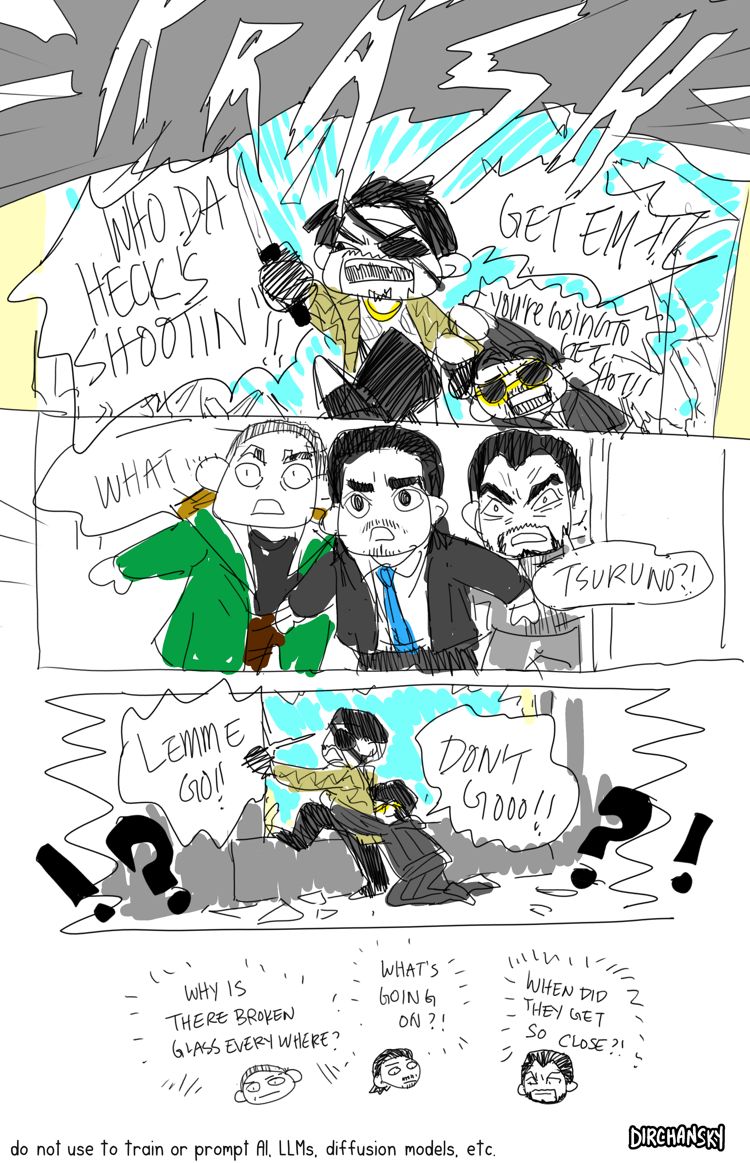 The glass of the window shatters. Majima gets mad and tries to climb out the window to confront the culprit, while Tsuruno clings to Majima to hold him back. Saejima, Daigo, and Watase enter and are confused about what they see