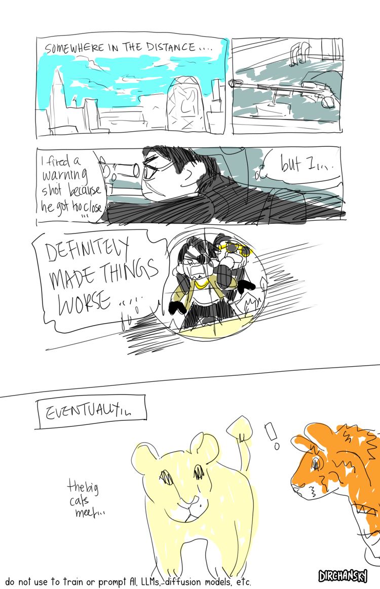change scene to some distant roof tops. Shishido is laying down with a sniper gun and regretting his choice to fire a warning shot, when Majima got too close to Tsuruno, because it made Tsuruno get even closer to Majima. At the very bottom, the 2 big cats (lion and tiger) eventually meet...!