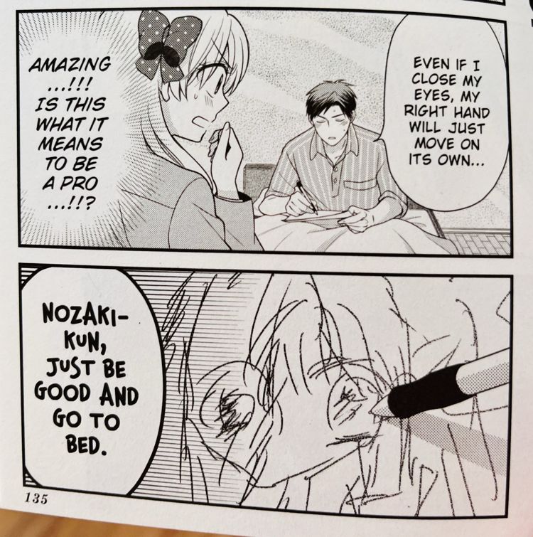 panels from Nozaki comic, where Nozaki says he can draw even with eyes closed, but his drawing says otherwise