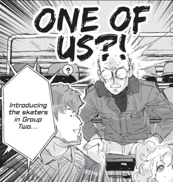 panel from Medalist featuring the old man from the skating rink, reacting to the people in front of him who might be Inori fans
