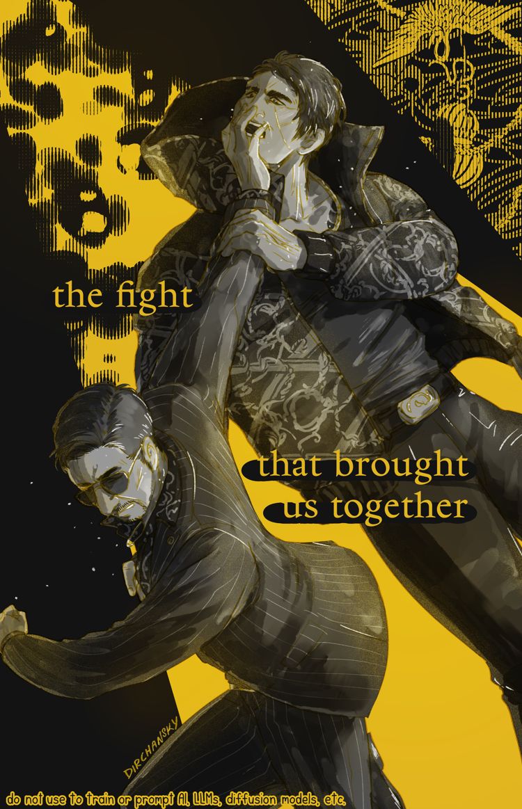 digital illustration of Tsuruno pushing Shishido's face away with his right arm stretched behind him. Shishido looks bewildered and grabs onto Tsuruno's wrist near his head.
The drawing is primarily grayscale with yellow as an accent colour. There is text on the picture that says 'the right that brought us together'