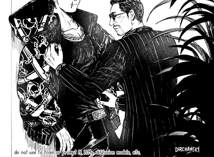 digital black and white illustration of Tsuruno pulling open Shishido's jacket and reaching for the tanto that's shoved in Shishido's pant waist