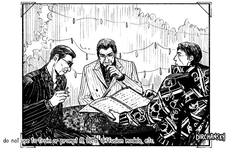 digital black and white drawing of a photograph, feat Tsuruno, Watase, and Shishido at an outdoor cafe spot, surrounded by bushes with LED light strings