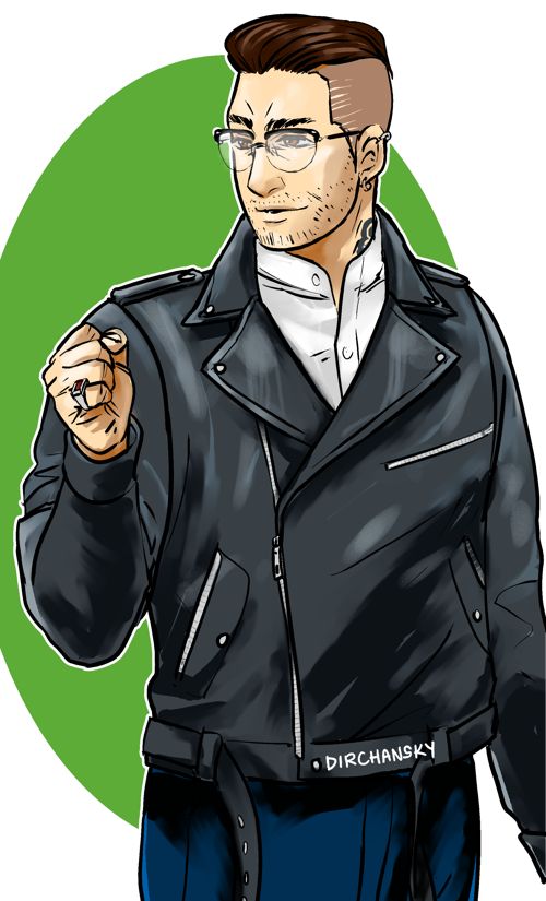 digital drawing of a guy wearing glasses and a moto jacket, lifting his right fish to do a fist bump
