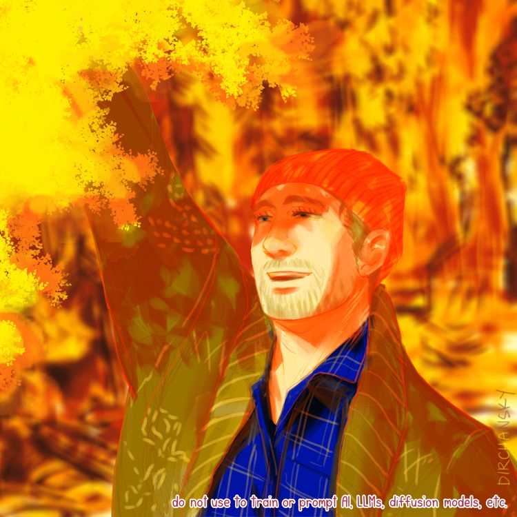 digital illustration of Austin wearing an orange toque, brown knit cardigan, and blue button-up shirt, reaching upwards at yellowing leaves.