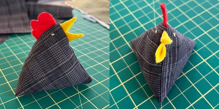 photo of a fabric chicken that is shaped like a triangle, laying on a green cutting mat. Collage shows the chicken viewed from the side and front