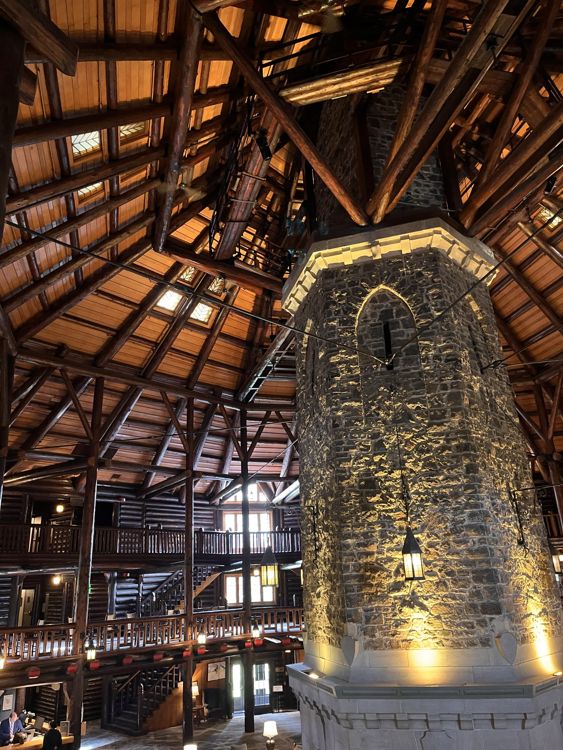 photo of interior of a log cabin roof