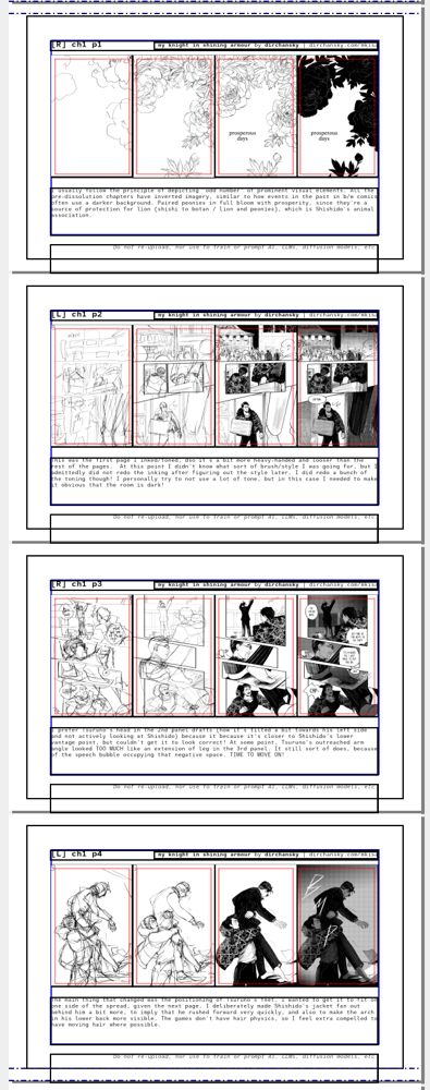 screenshots of Scribus interface, showing 4 landscape pages for 4 MKISA pages. Each page has 4 screenshots of the comic page in various stages of completion, and space underneath for written commentary.
