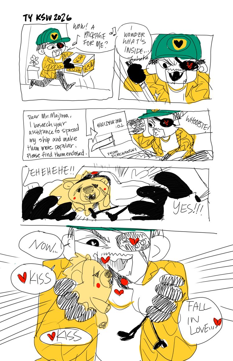 comic titled "TY KSW 2026" featuring Majima opening a package with a letter from me, which requests his assistance to spread my Shishido Tsuruno ship agenda. The package also includes a plush lion and red-crested crane, and Majima smooshes them together to KISS KISS FALL IN LOVE.