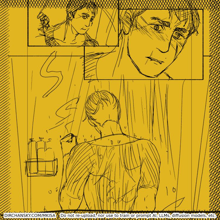 digital comic panel sketches showing Shishido pulling back a shower curtain and seeing Tsuruno's back in the shower